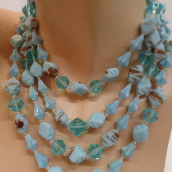 Hook Stamped Made in West Germany Multistrand Necklace (4) Adj 16" Blues - Picture 3 of 10